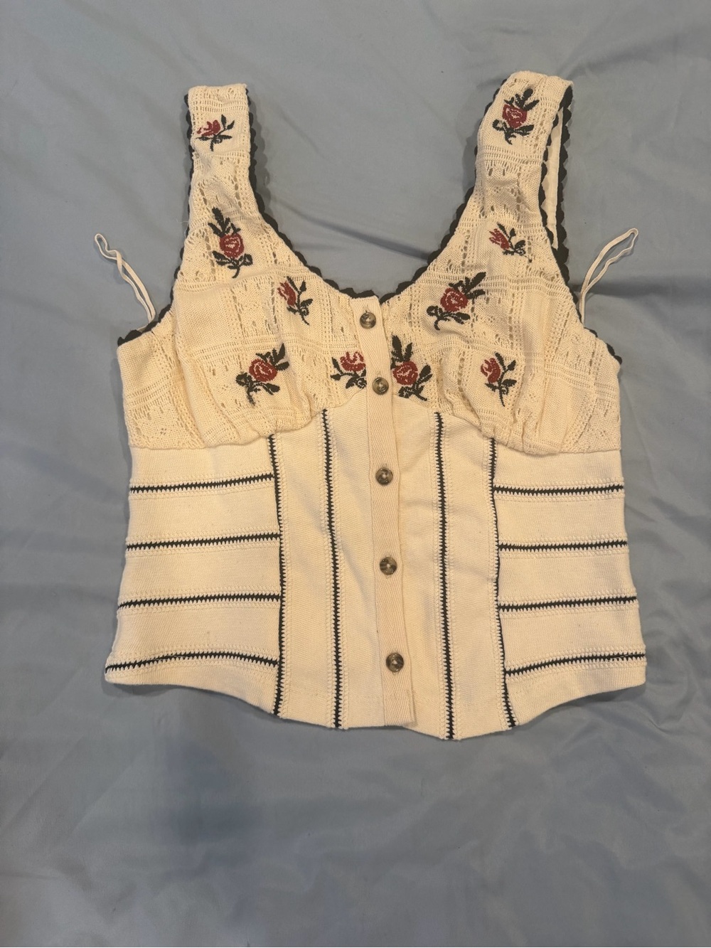 Free People Cream Knit Button-Front Camisole with Red Rose Embroidery